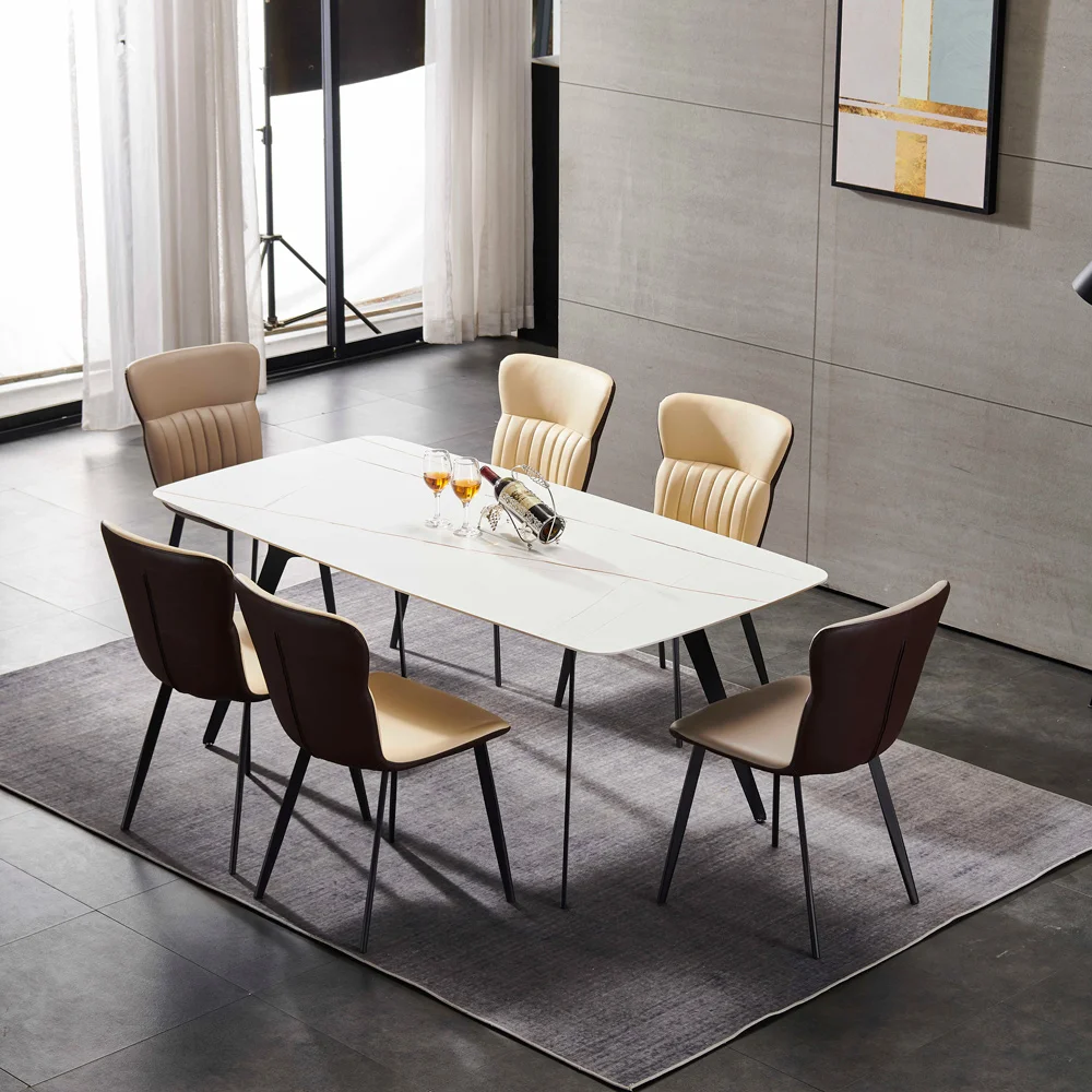 

Luxury European Modern Design Leather Khaki Light Yellow Dining Chair Sets of 6 Chairs Hotel Restaurant Dining Room Chairs