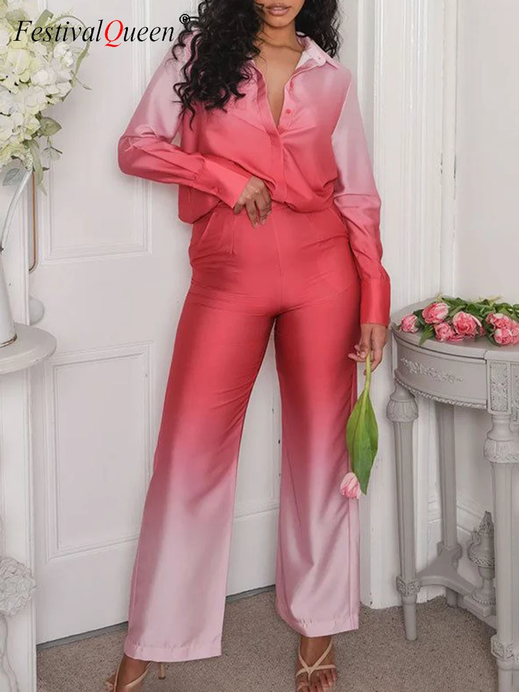 

Женский комплект из 2 предметов Y2K, элегантная однобортная рубашка с отложным воротником и брюки с эластичной талией и градиентными цветами, 2023