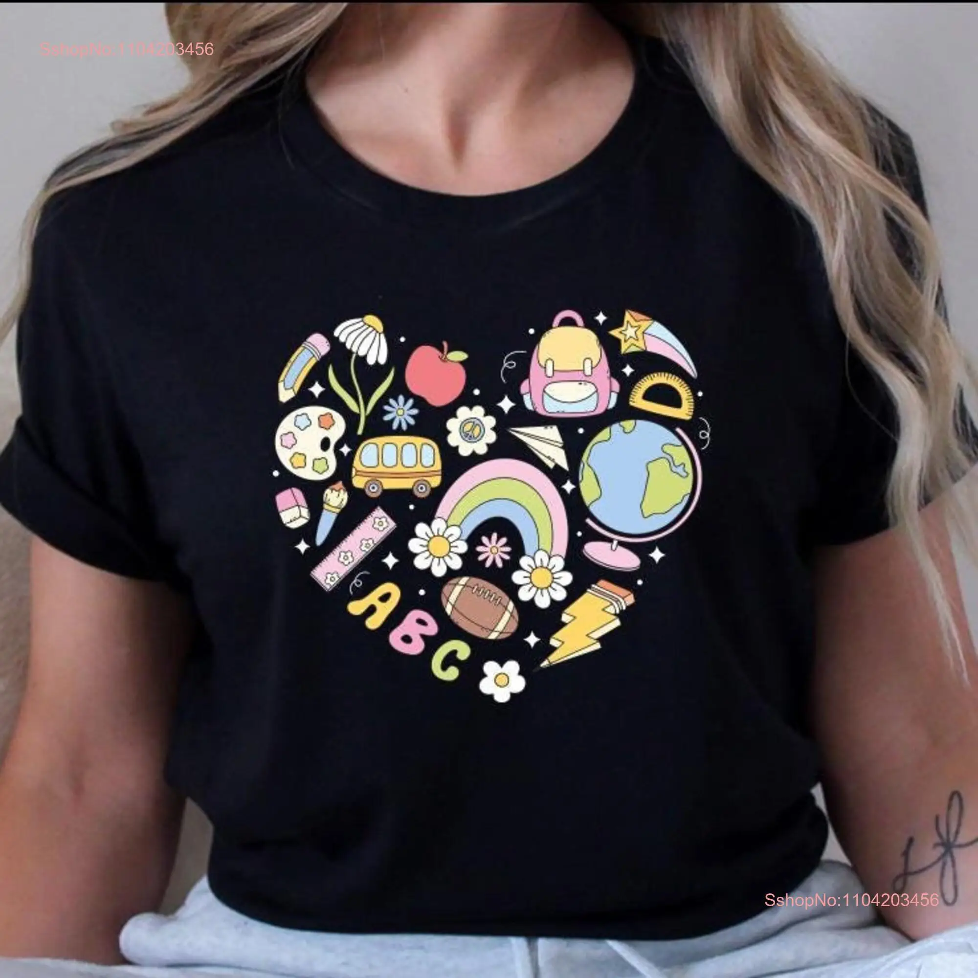 First Day Of School Vibes Heart Teacher T Shirt Preschool Appreciation Doodle Back To long or short sleeves