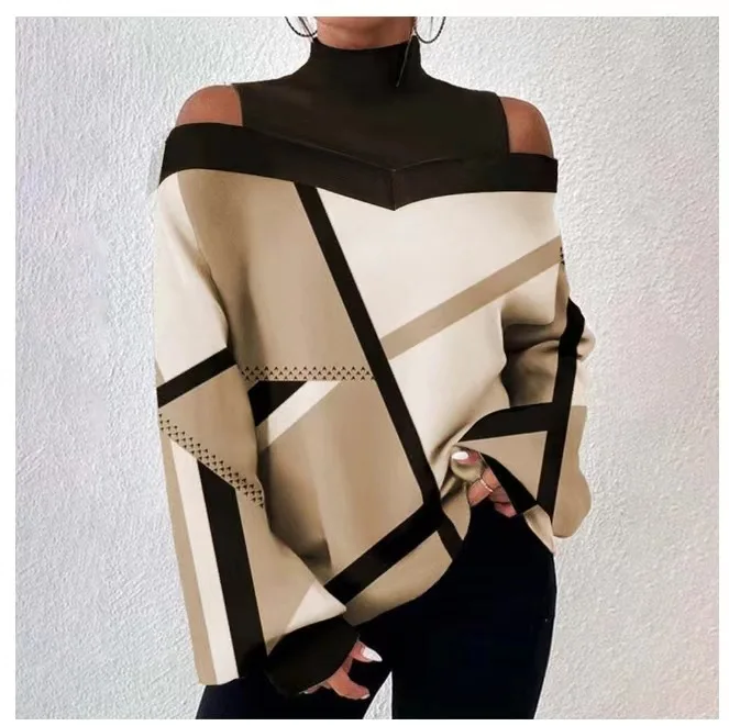 

Spring and Autumn Fashion New Women's Long-Sleeved High Neck Strapless Design Creative Geometric Print Loose T-Shirt Casual Tops
