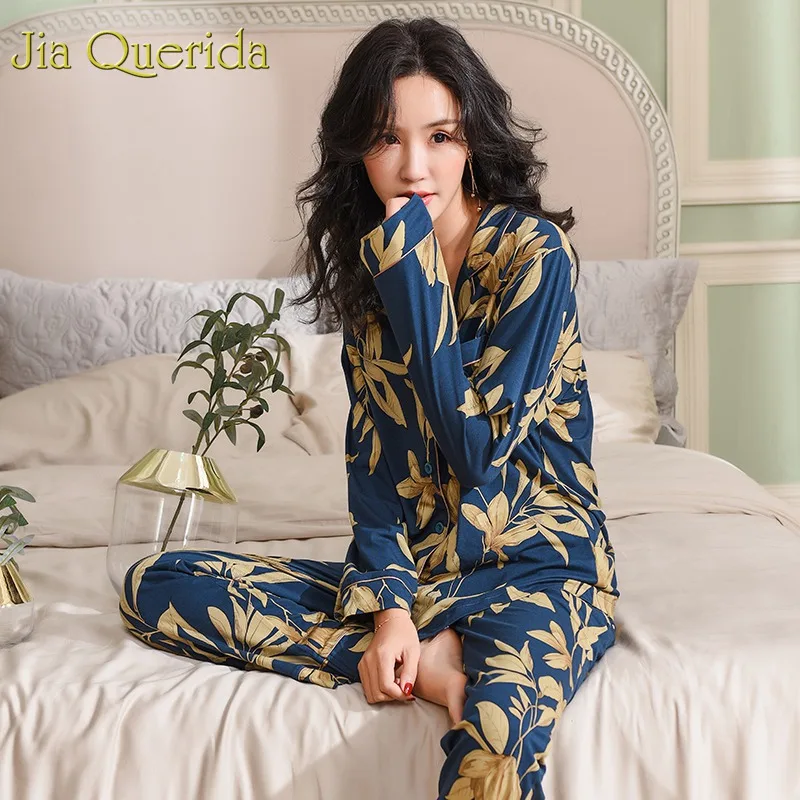 Spring Autumn Pajama Cotton Plush Lady Homewear Women Pyjamas Set Plus Size Floral Printing Women Pyjamas Navy Luxury Loungewear