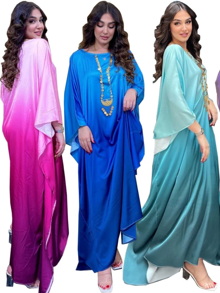 Eid мусульманское платье для женщин Jalabiya Abaya атласные платья с рукавами летучая