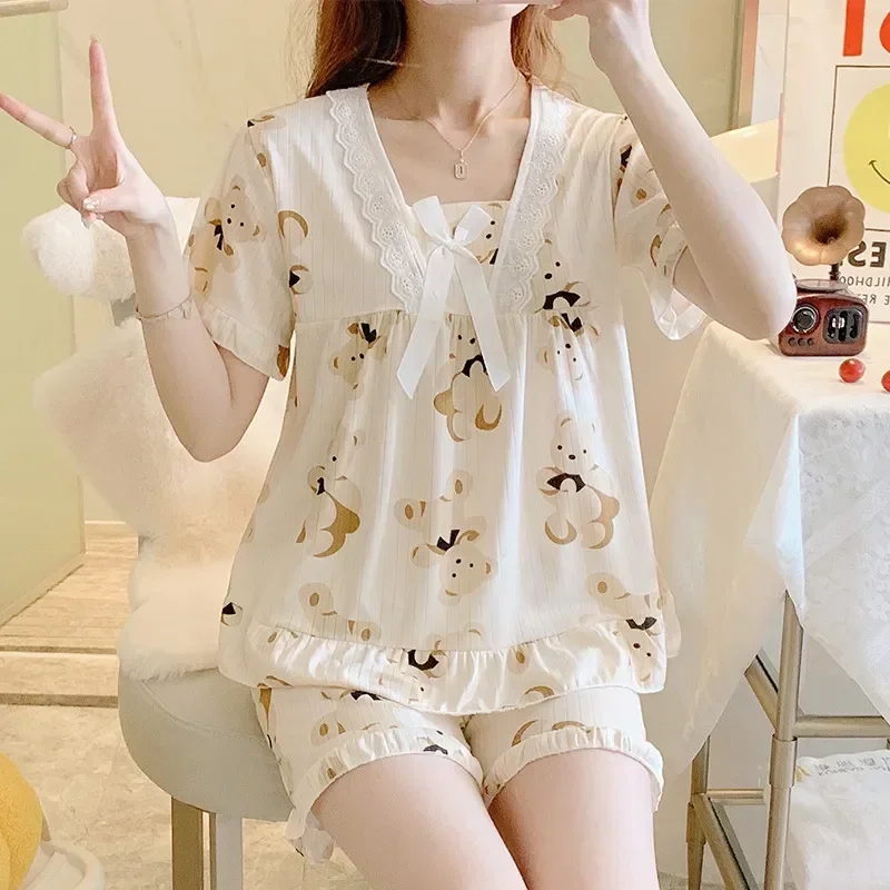 Пижамный комплект Женский Летний большого размера с принтом в виде сердечек