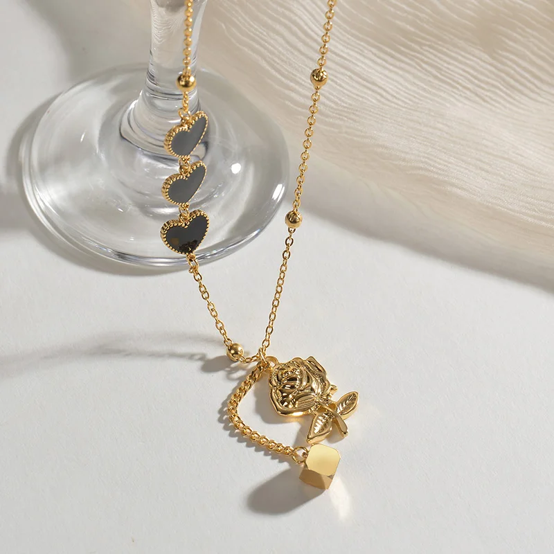 Fashion Jewelry Heart Necklace Women Girl Valentine Gifts Rose Flower Pendant Stainless Steel Chains