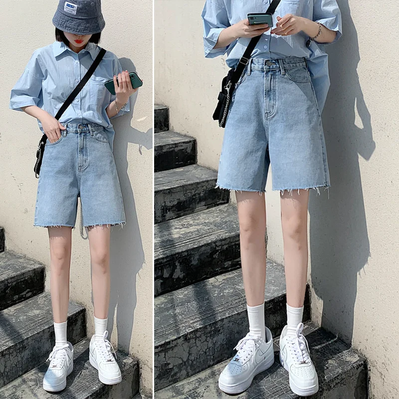 

Girl High-Waist Denim Shorts Cool Women's Summer Raw Edges Straight Loose Wide-Leg Thin Five-Point Pants Boyfriend Jeans