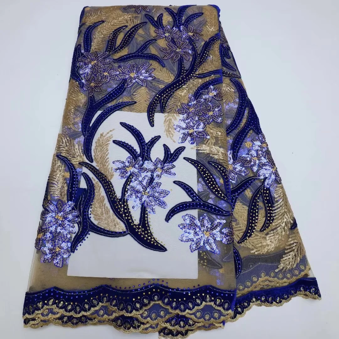 

Royal Blue Nigerian Velvet Lace Fabric 2022 African Lace Fabric High Quality Velvet 3D Multicolor Sequins flowers Embroidery
