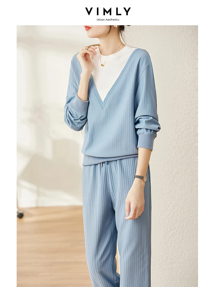 

VIMLY Tracksuit Two Piece Pant Sets for Women New 2023 Spring Sweatsuits Long Sleeve Casual Blue Loose Tops Wide Leg Sweatpants