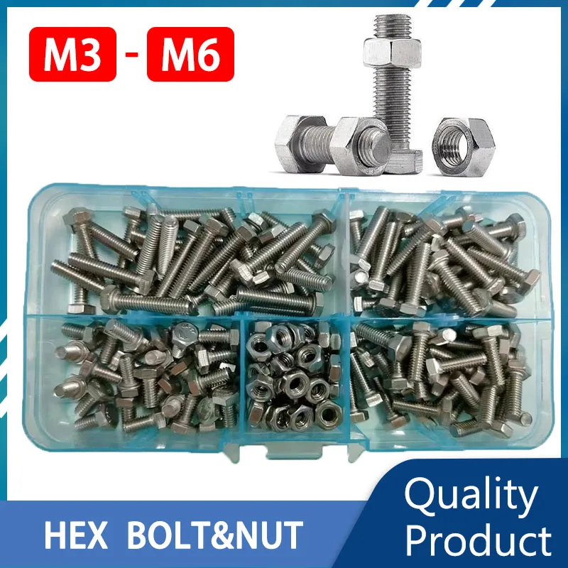 

External Hex Stainless Steel Bolts Nuts Set M3 M4 M5 M6 Assortment Kit Outer Hexagon Screw Threaded Metalworking Fasten Bolt&Nut