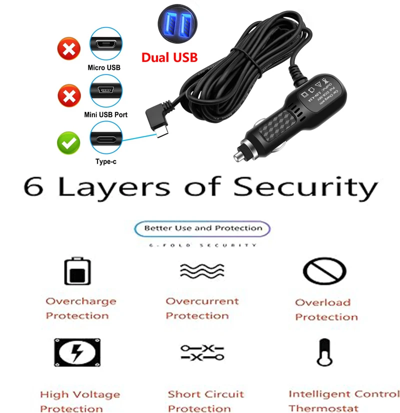 Фото Зарядное устройство для видеорегистратора Type-C с двумя USB-портами для REDTIGER F7N Series, Vantrue N4 и N2S Series, а также для WOLFBOX Mirror (11.5FT) №2