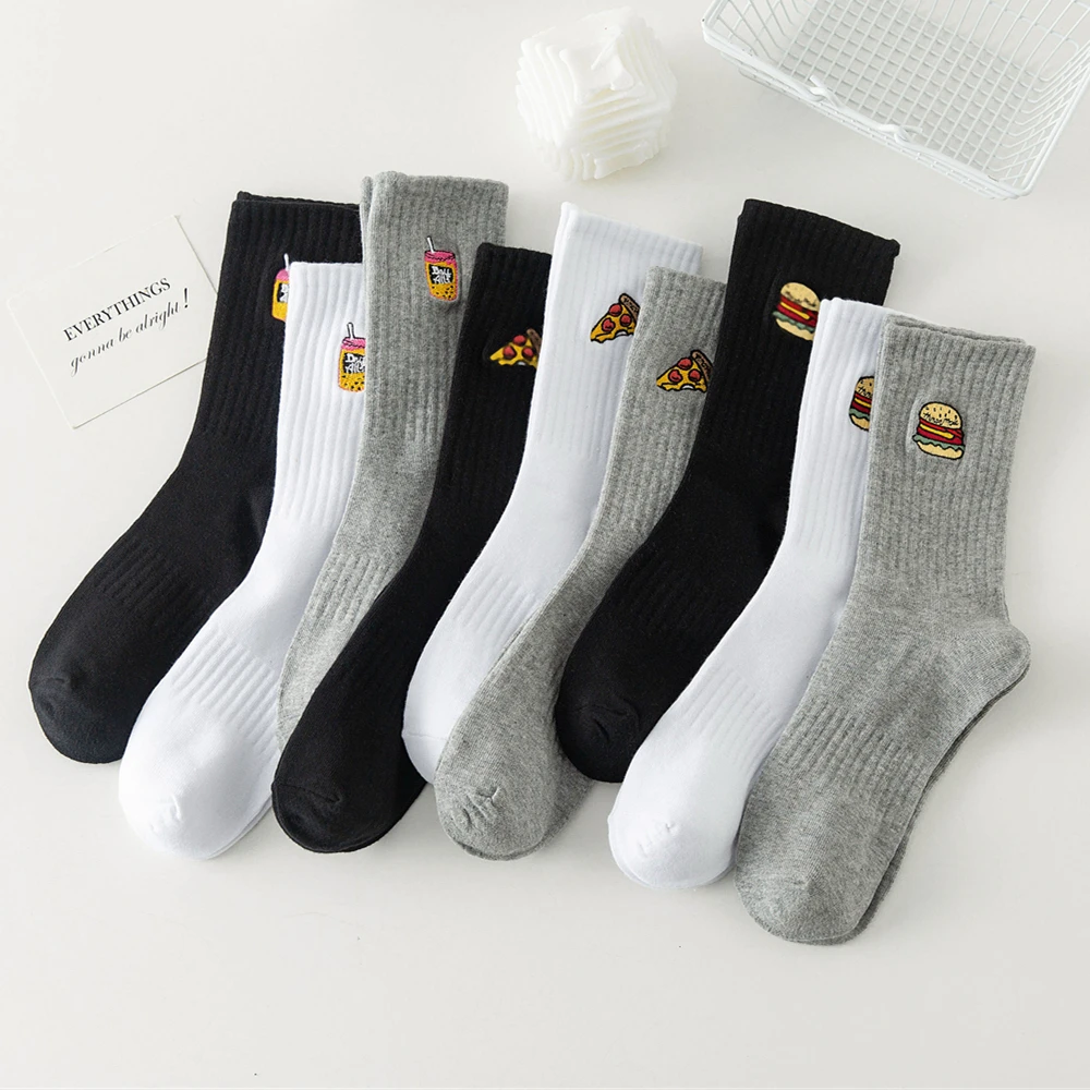 

New Funny Embroidery Hamburger Cola Pizza Patterned White Black Gray Casual Hipster Socks Christmas Gift Dropship