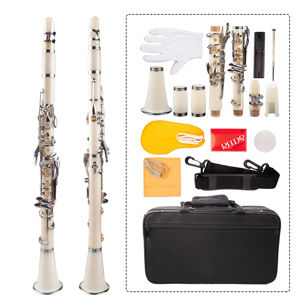 White Bb Clarinet 17 Key Clarinet Beginner Student Level ABS Nickel Plated With Clean Pad Saver Reeds Cork Strap Carry Case SET enlarge