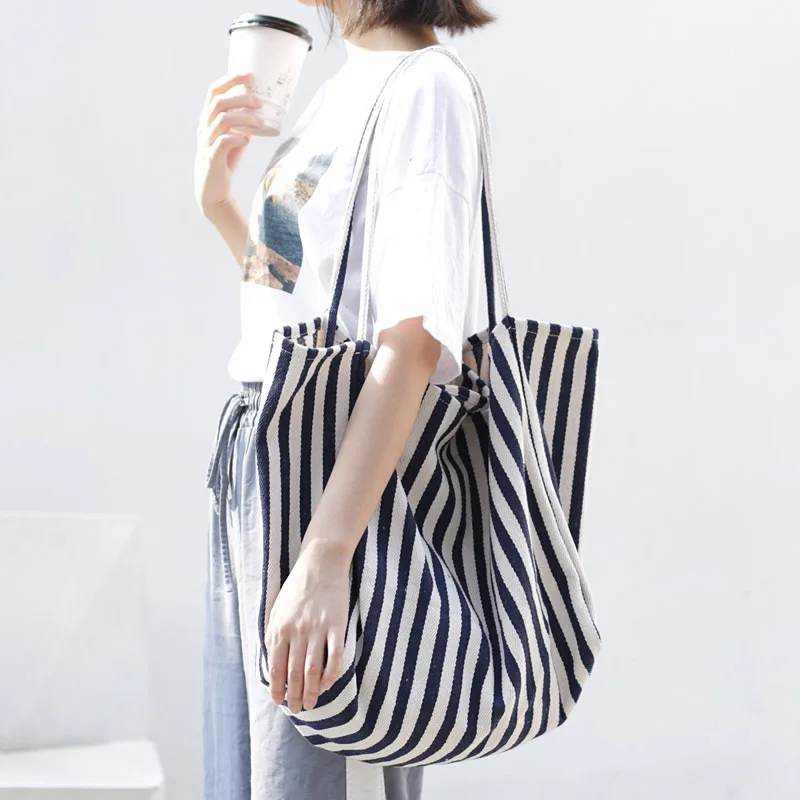 

Striped Large Capacity Canvas Shoulder Bag for Women 2022 Retro Simple Multifunctional Casual Open Big Tote Shopping Bag Handbag