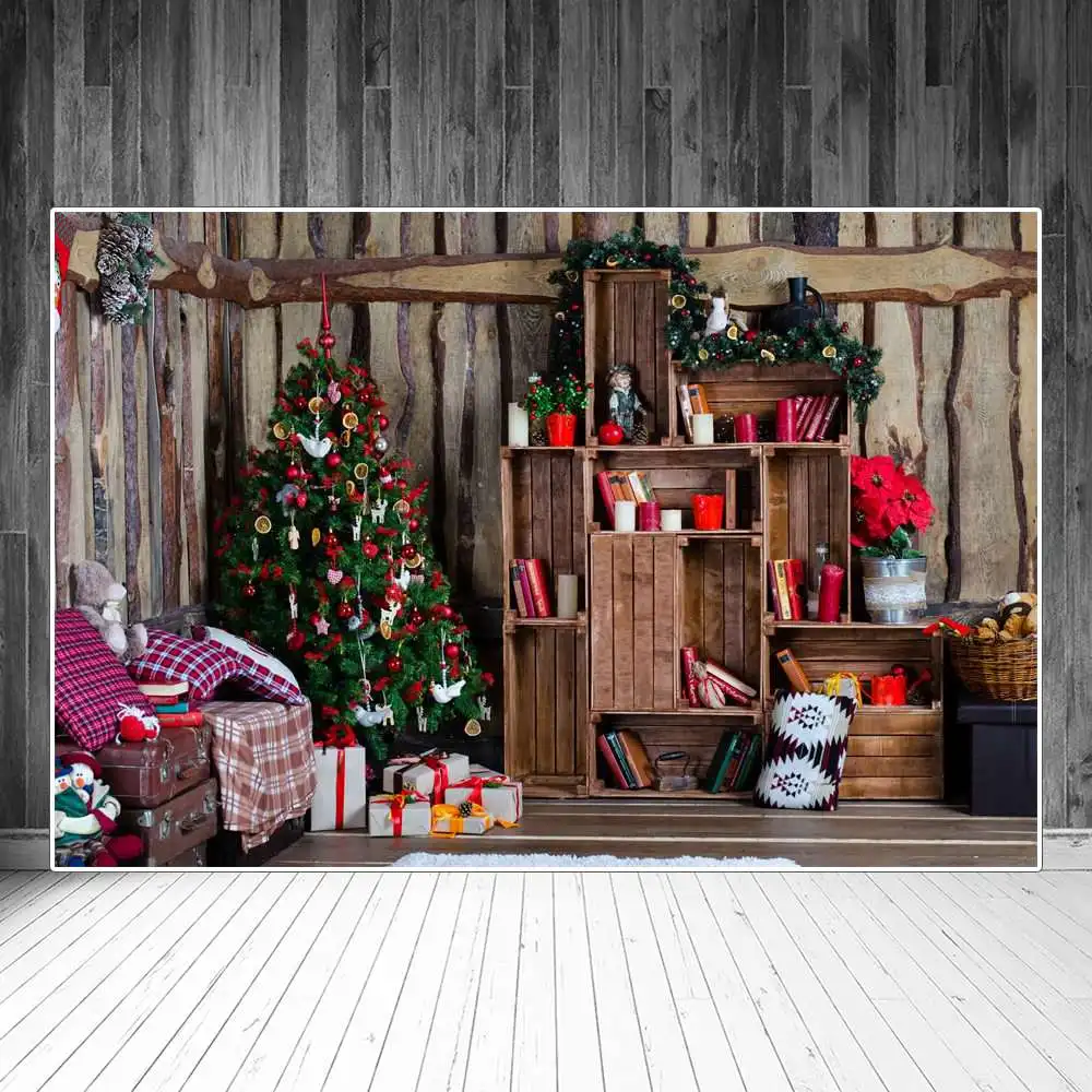 

Фон для фотосъемки с изображением рождественской елки подарка деревянного дома