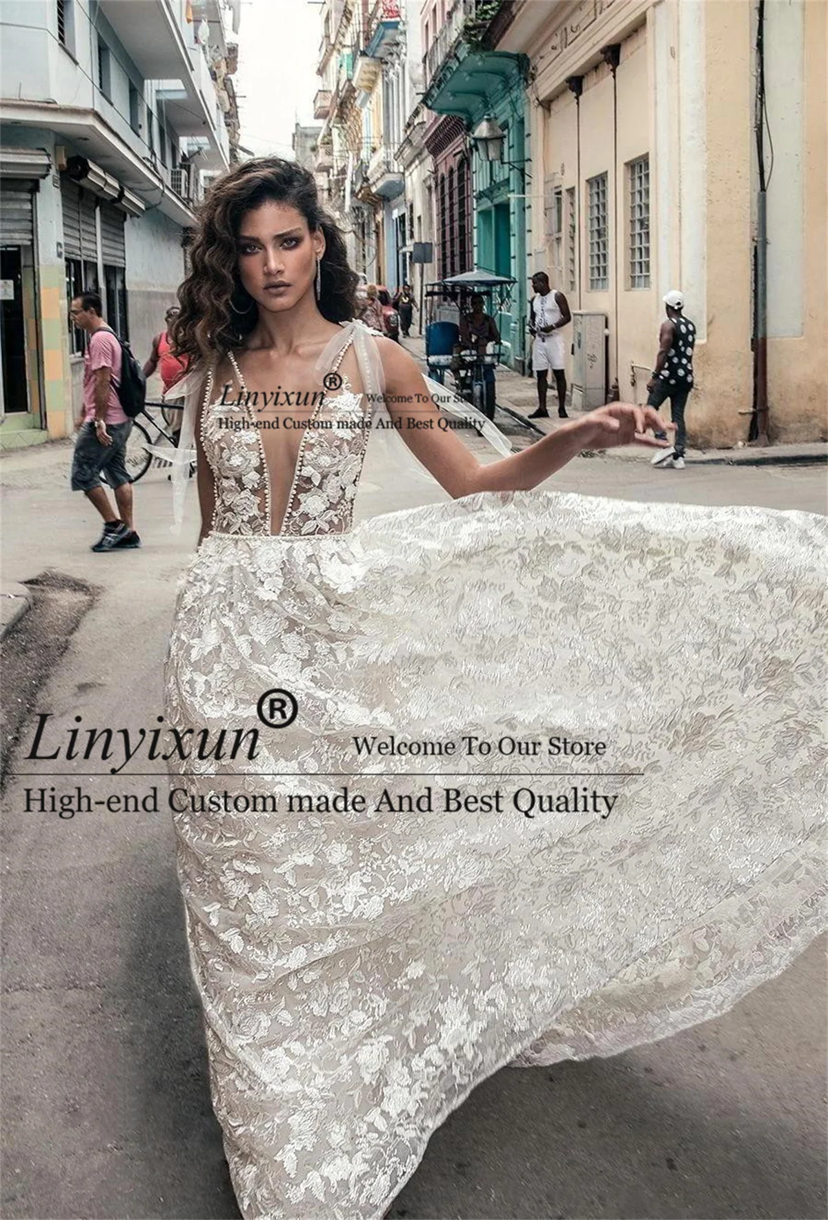 

African Sexy Deep V Neck Wedding Dresses Full Lace Floral Appliques Boho Bridal Gowns Backless Sweep Train Vestidos de novia