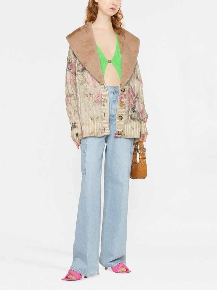 

Осенне-зимний новый меховой воротник с цветочным принтом, шерстяной вязаный топ, куртка 2022, модная и элегантная женская одежда для кемпинга ...