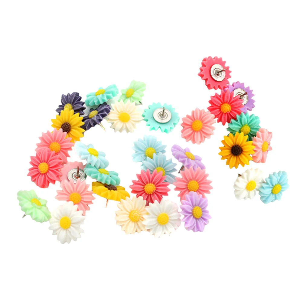

30 Pcs Thumbtack Portable Flower Pushpins Decorative Photo Tacks Daisy Resin Message Board Poster Accessory Supply Metal