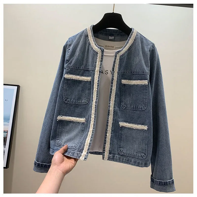 Женская джинсовая куртка с длинным рукавом свободная повседневная из денима