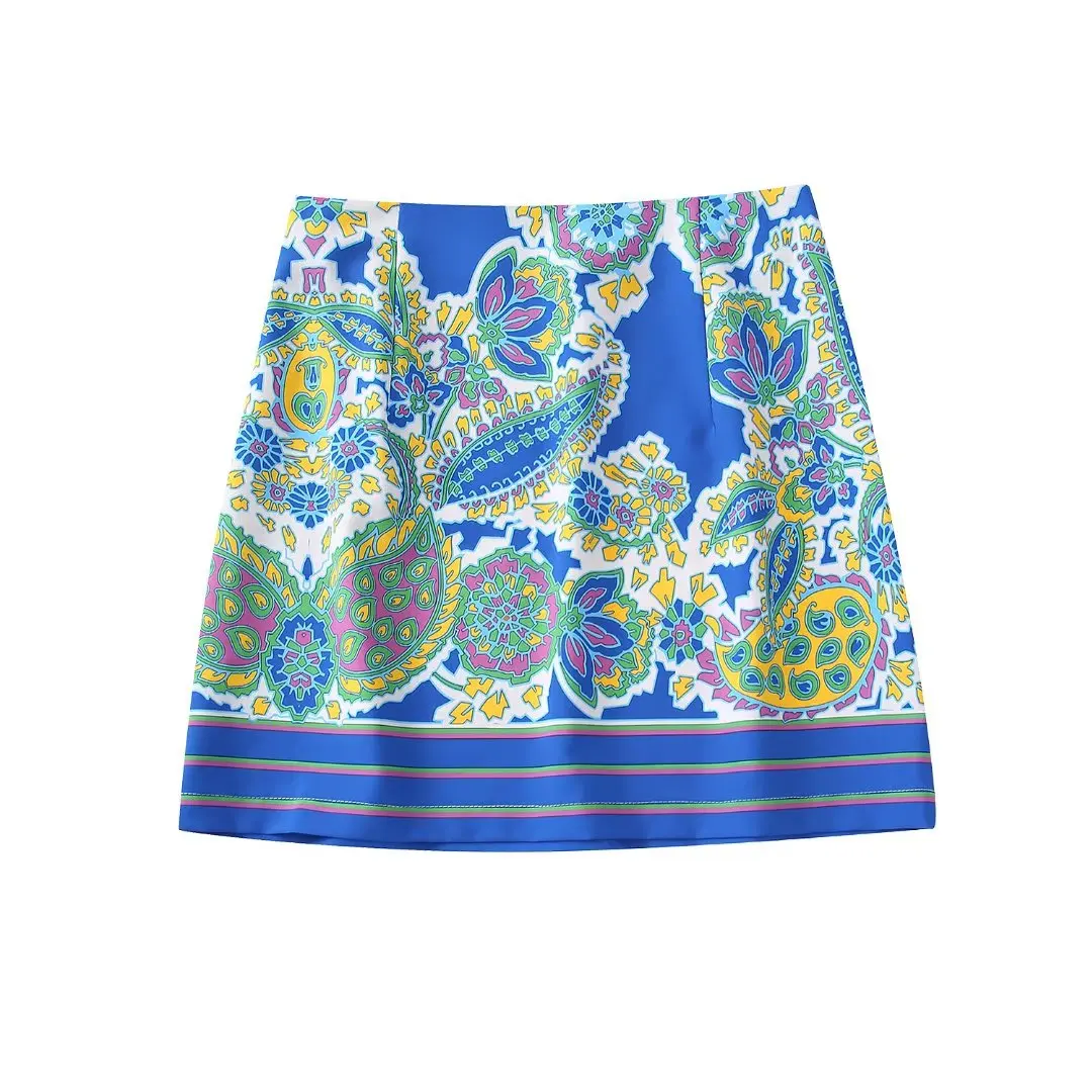 

2022 Women Soft Touch Blue Mini Skirt Vintage High Waist Printing Stripe Female Side Zipper Skirts Mujer