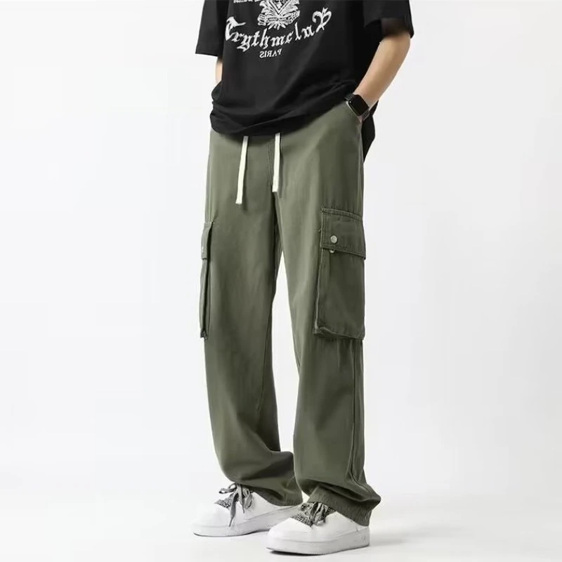 

Fashion Cargo Pants Men Solid Green Color Big Pocket Straight Baggy Casual Wide Leg Pants for Men Sport Outdoor Work Trousers