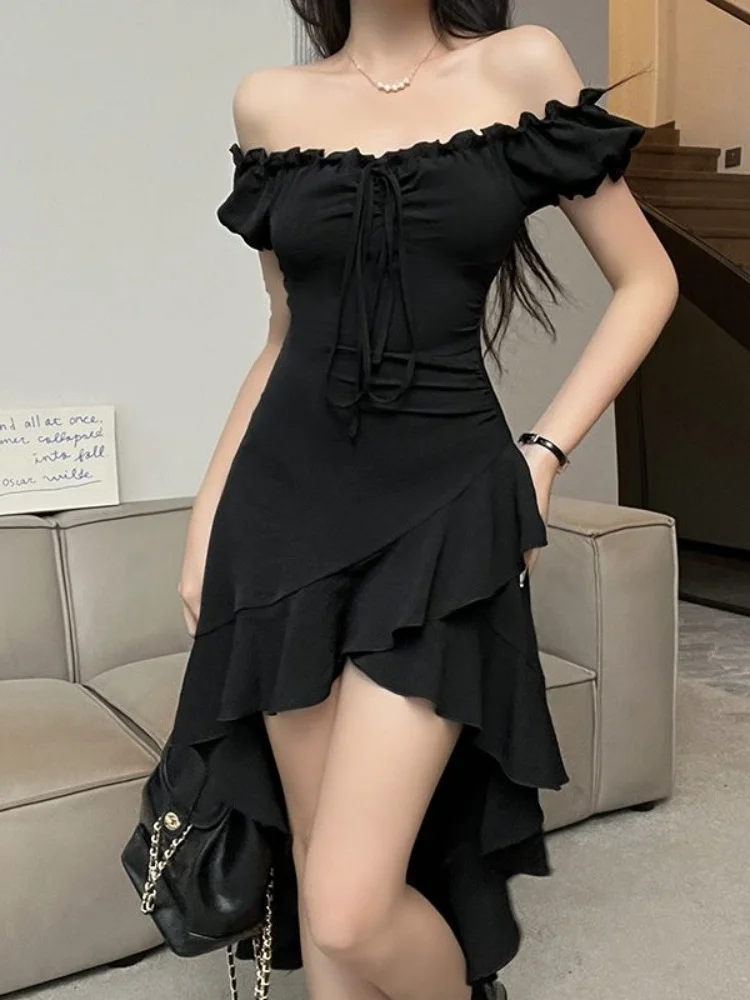 

HOUZHOU элегантное винтажное Черное женское летнее платье с оборками лоскутное пикантное с открытыми плечами тонкое асимметричное шикарное Повседневное платье Харадзюку