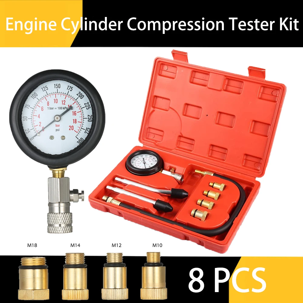 8pcs Petrol Engine Cylinder Compression Tester Kit 0-300PSI 