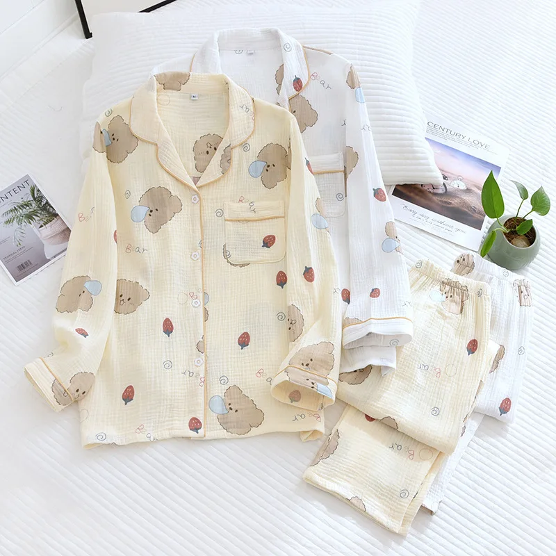 Cartoon Women's Pajamas Sleepwear 100% Cotton Pijama Pyjamas Women Loungewear Winter Set Woman 2 Pieces Sleepwear For Sleeping