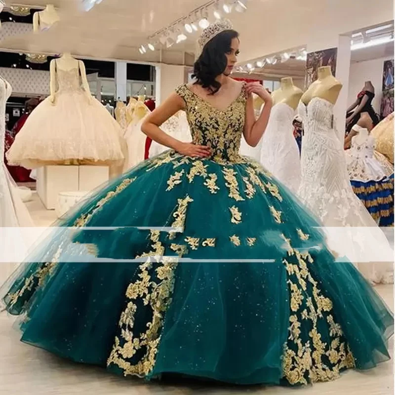 

ANGELSBRIDEP охотничьи зеленые платья Quinceanera с открытыми плечами, милое платье для девушки 16, Золотое кружевное бальное платье принцессы, платья для 15 лет