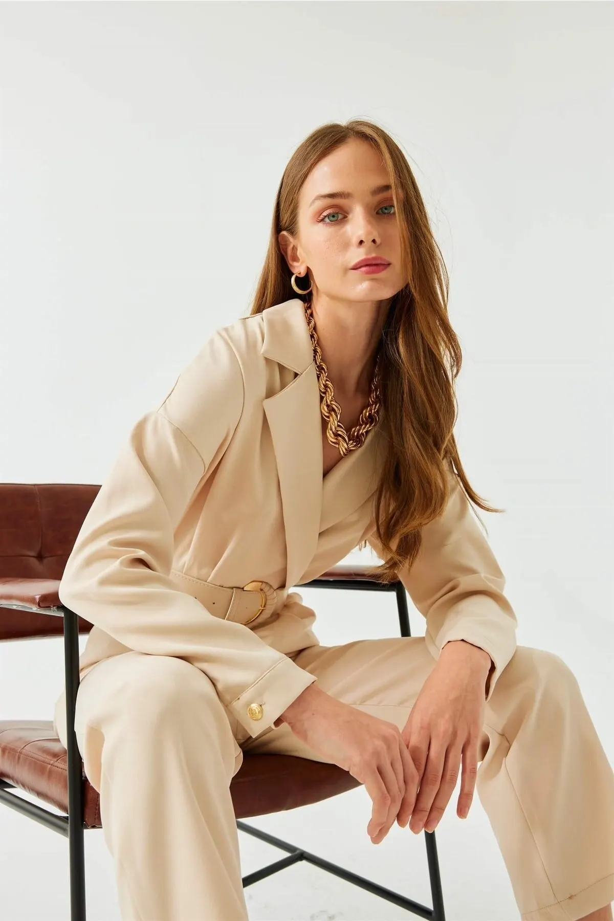 

Women's Overalls Double Breasted Collar Belted Beige Hot Style Quality Fabric Sleeveless Baggy Trousers Casual Jumpsuit