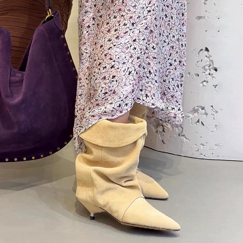 Женские дизайнерские ботинки со складками удобные короткие Ботинки на каблуке в
