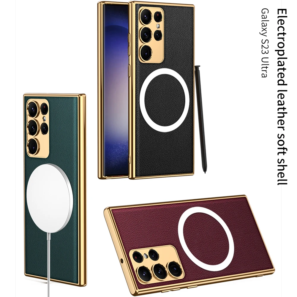 

For Samsung Galaxy S23 Ultra Plus Magsafe Magnetic Wireless Charging Case Electroplated Plain Leather Silicone Shockproof Cover