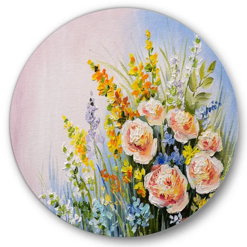 

'Yellow and Pink Summer Wildflowers' Traditional Circle Metal Wall Art 36x36 - Disc of 36