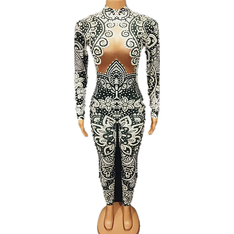 

Женский комбинезон серебристо-серого цвета со стразами и жемчугом, боди для ночного клуба, певицы, подиума, концерта, вечеринки, сценического костюма