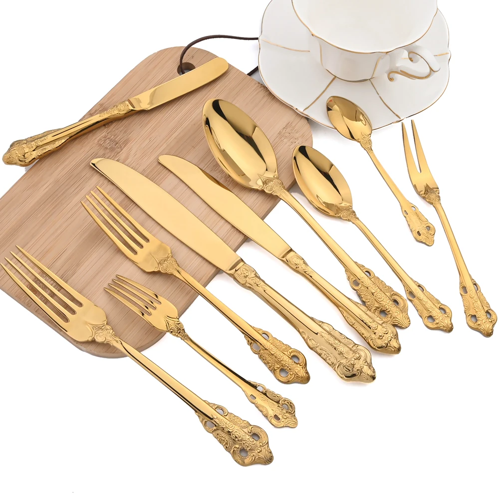 Tableware Stainless Steel Western Vintage Cutlery Luxury Dinnerware Set Plated Steak Dessert Knife Fork Spoon Silver Flatware