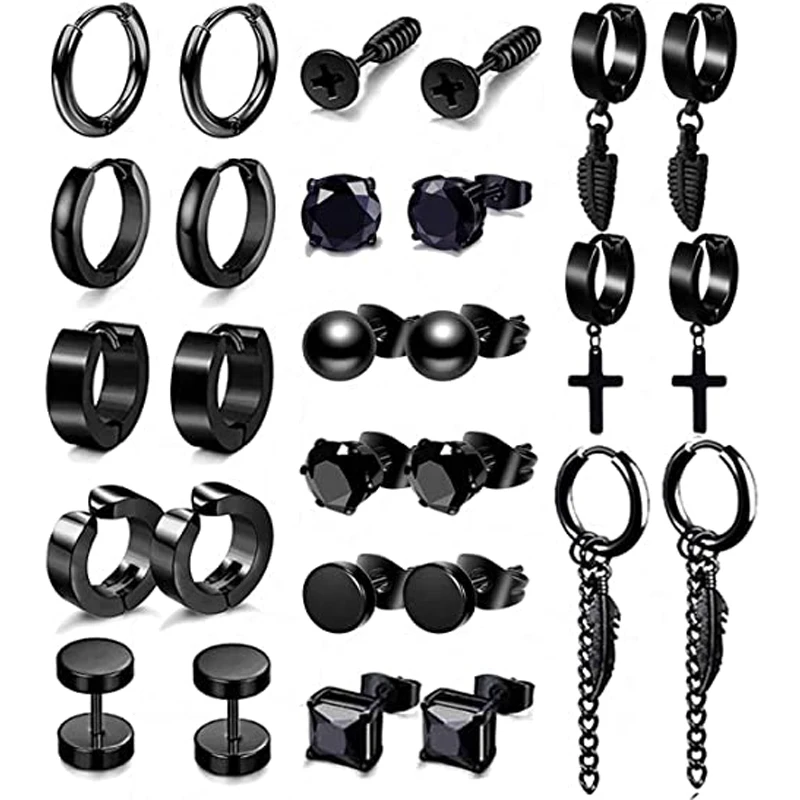 

14 Pairs Of Stainless Steel Black Earrings Round Cross Feathers Cool Punk Stud Earrings Set For Men And Women Black