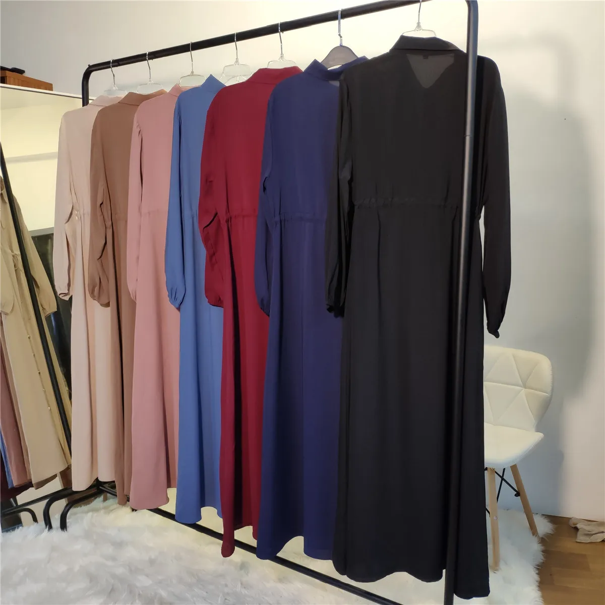 Blue Long Sleeve Dress Lapel Women Black American Korea Europe Solid Color Muslim Girl Casual Clothing Islam Femme Kaftan Robe