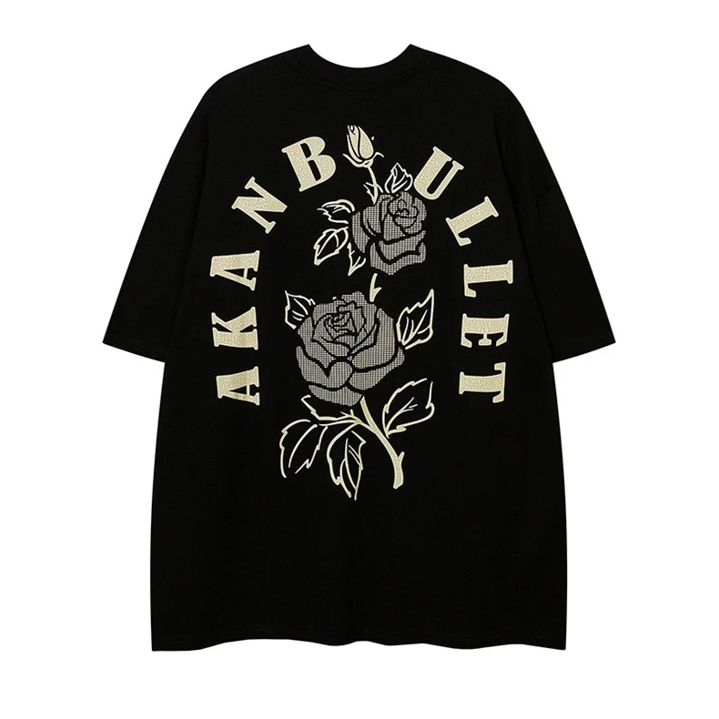 

Футболка мужская хлопковая с коротким рукавом, свободная рубашка в стиле Харадзюку, уличная одежда в стиле хип-хоп с принтом роз, одежда y2k, л...