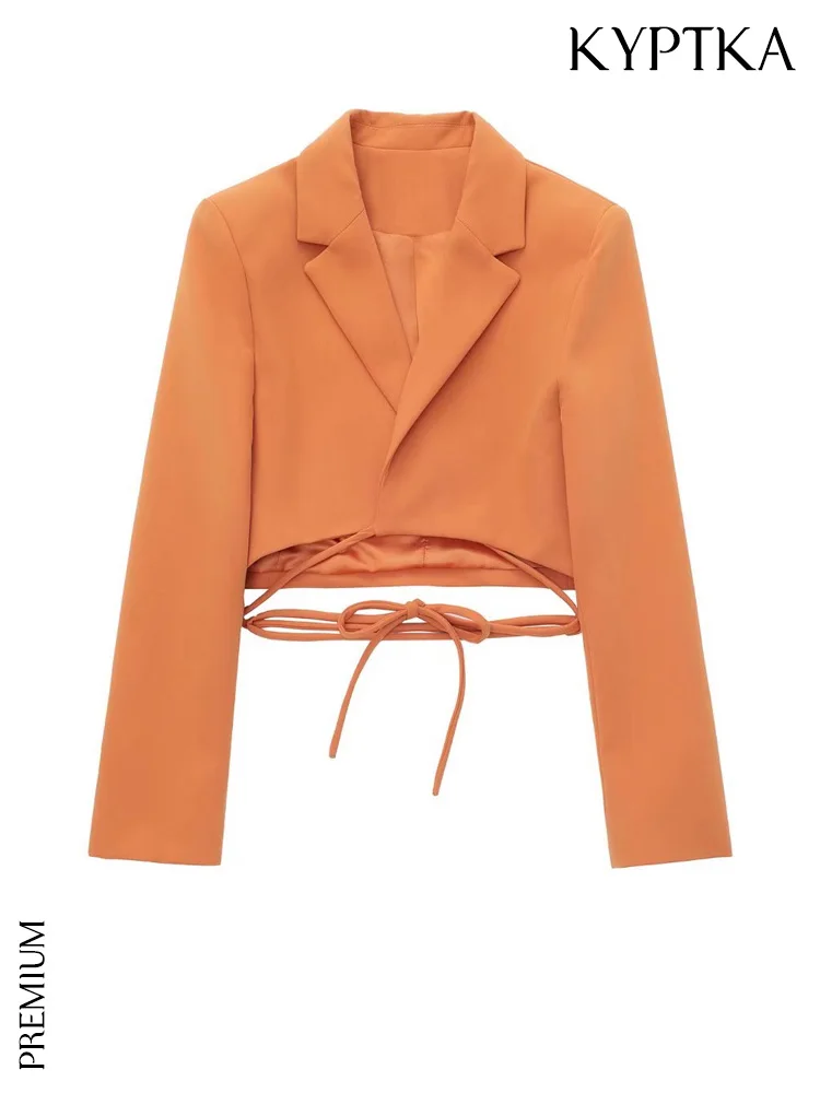 

KYPTKA Women Fashion With Tied Cropped Blazer Coat Vintage Long Sleeve Female Outerwear Chic Veste Femme