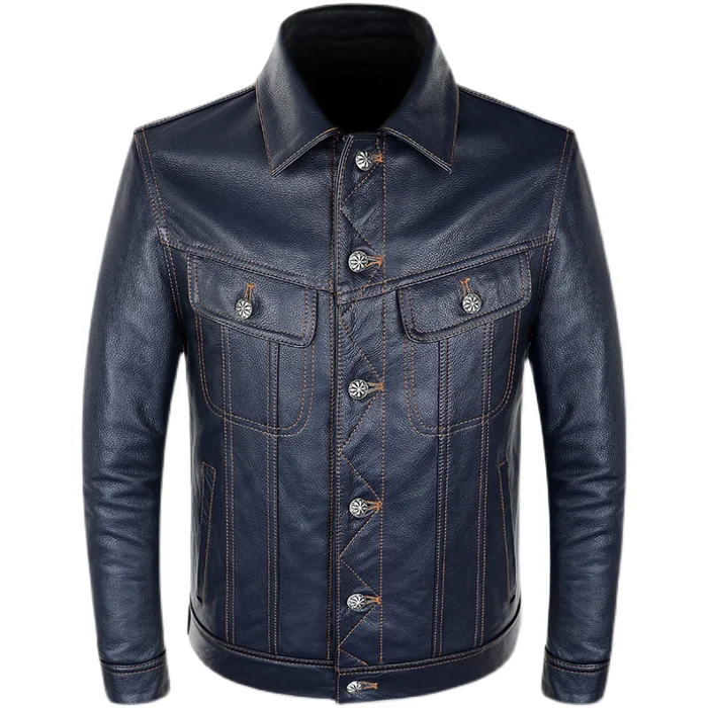 

2022 Autumn New Genuine Leather Jacket Men Blue Natural Cowhide Slim Short Coat Casual Style Single Breasted Clothes