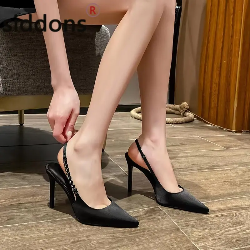 2023 summer new skinny heel pointed sandals fashion silver and trend black party sandals
