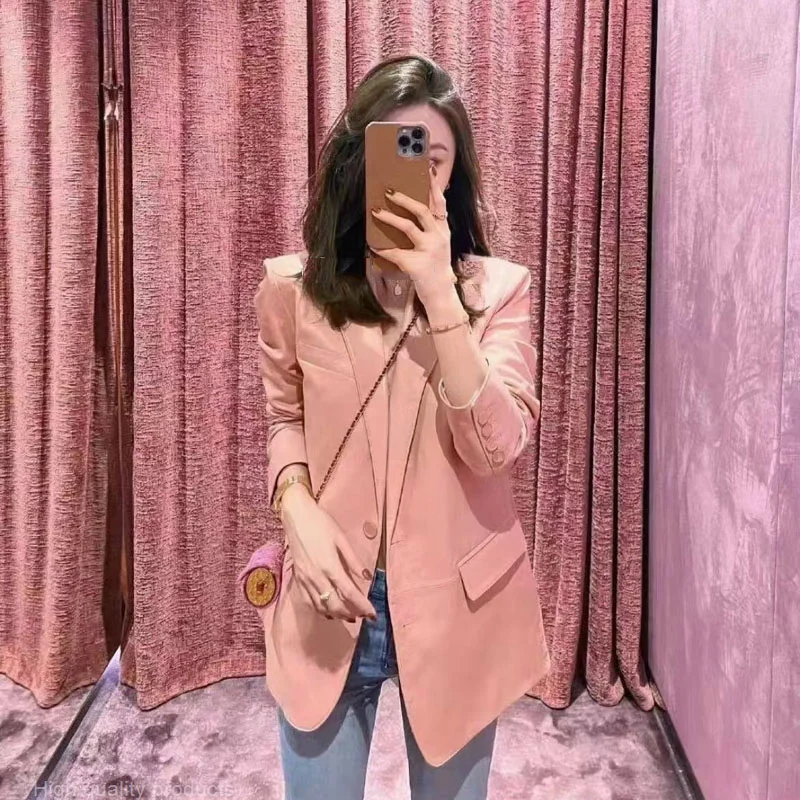 

Women Coat Spring Regular Length 2023 New Arrival Suit Style Pink Jacket Turn-Down Collar High Quality Import Sheepskin