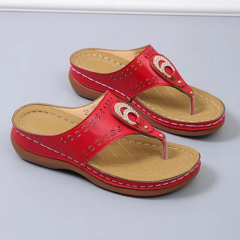 Women's Beach Flip Flops Summer Wedge Sandals Rhinestone Metal Buckle Platform Slippers Ladies Casual Shoes Plus Size 43