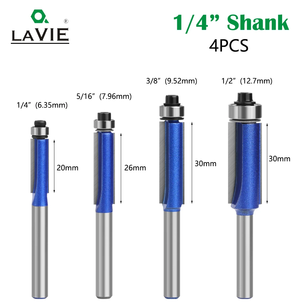 LAVIE 4pcs 6.35mm  shank high-quality Milling Cutter Flush Trim With Bearing Router Bit set for Woodworking