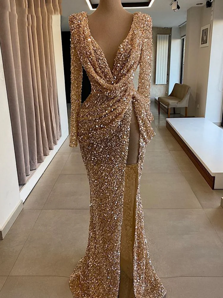 

Champagne Sparkly Gold Sequin Evening Dresses Sexy Deep V-Neck High Split Mermaid Party Prom Gown Long Sleeves Robe De Soiree