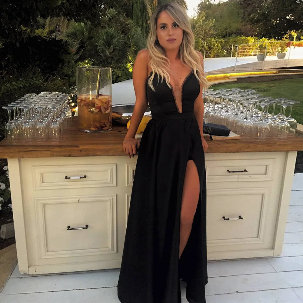 

Black Formal Dress for Women Deep V Neck A Line Sexy Evening Dress Long Side Slit Floor Length Sleeveless Satin Prom Party Dress