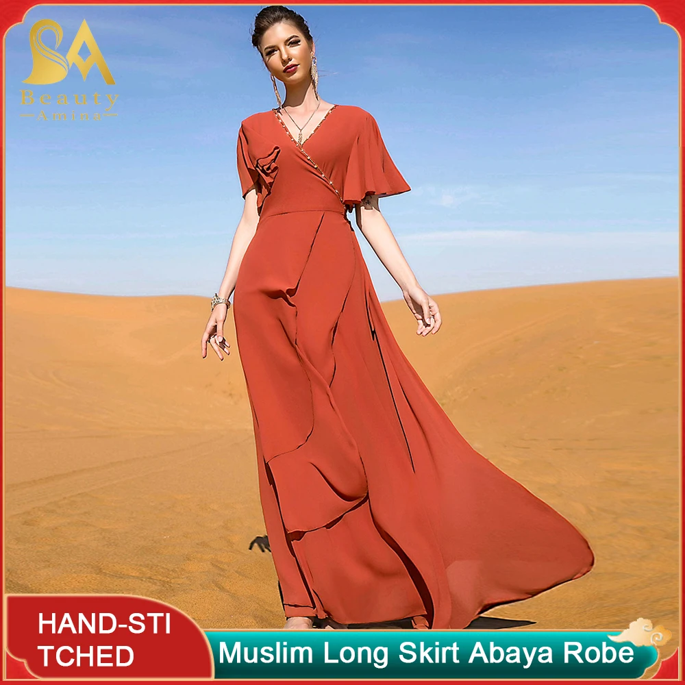 Muslim Long Skirt Abaya Robe Women's New V-neck Diamond-studded Double-layer Chiffon Dress Lslamic Festival National Abayadress