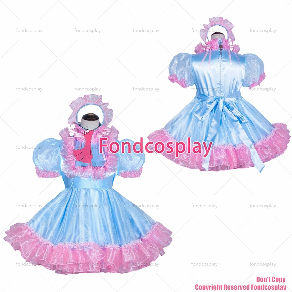 

fondcosplay adult sexy cross dressing sissy maid short Lockable baby blue satin pink trim Organza Dress Uniform CD/TV[G4055]