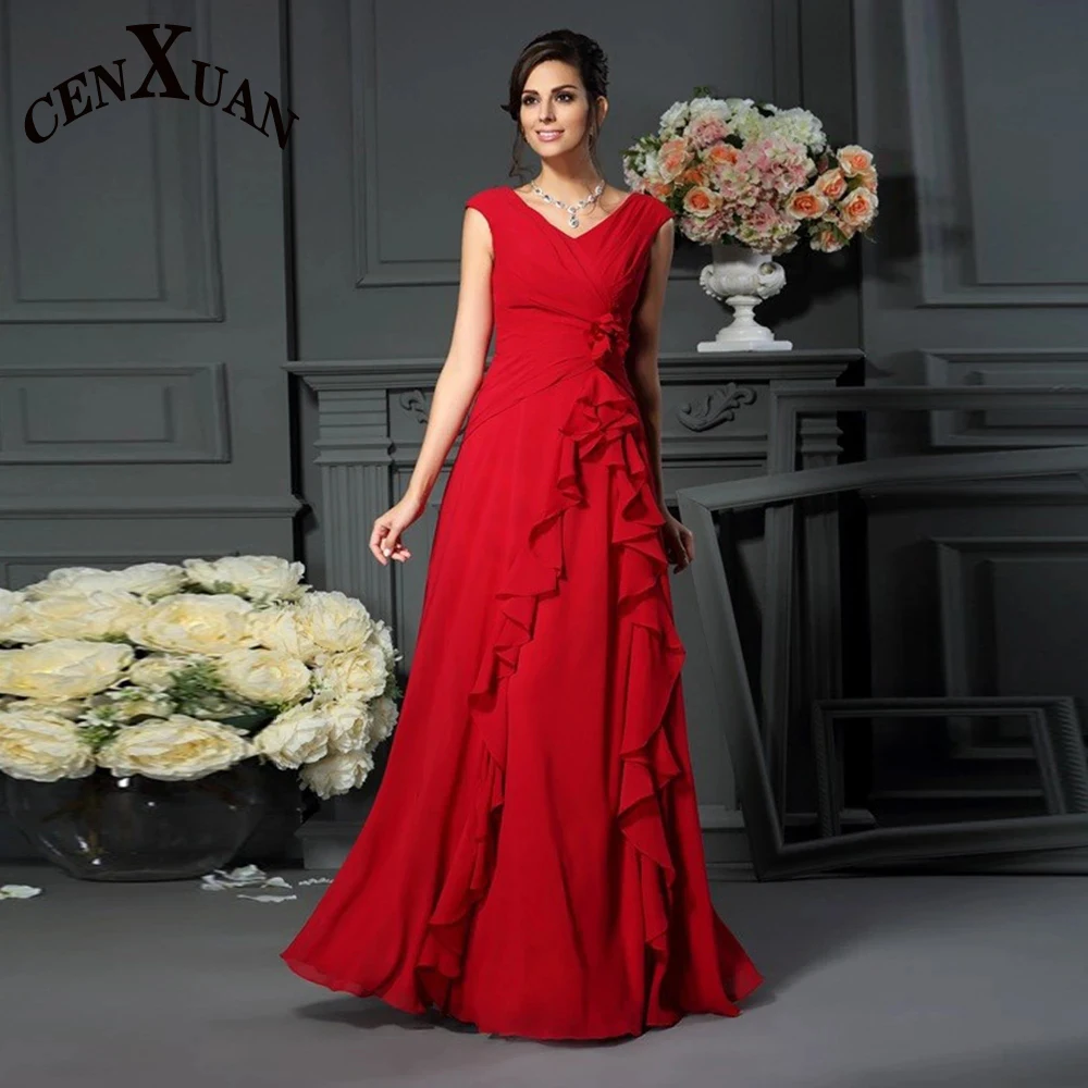 

Cenxuan Red Ruffles Long Mother of The Brides Aline Plus Evening Dresses Celebrity Party For Lady Robes De Soirée Personised
