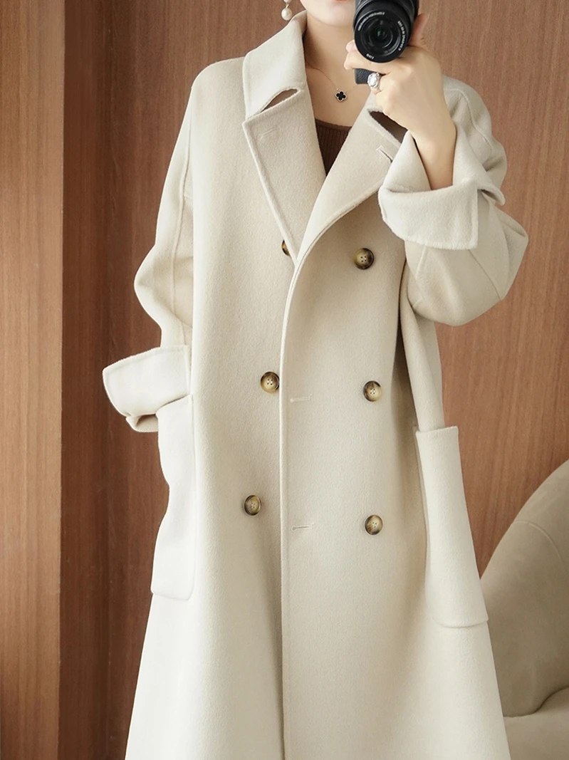 

Новинка Осень-зима 2023 высококачественное двустороннее кашемировое пальто женское свободное двубортное шерстяное пальто средней длины выше колена