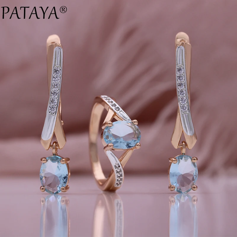 

PATAYA Women Sets 585 Rose Gold Color Light Blue Cubic Zircon White Oval Weaving Ring Earring Sets Fashion Jewelry Gift New 2023