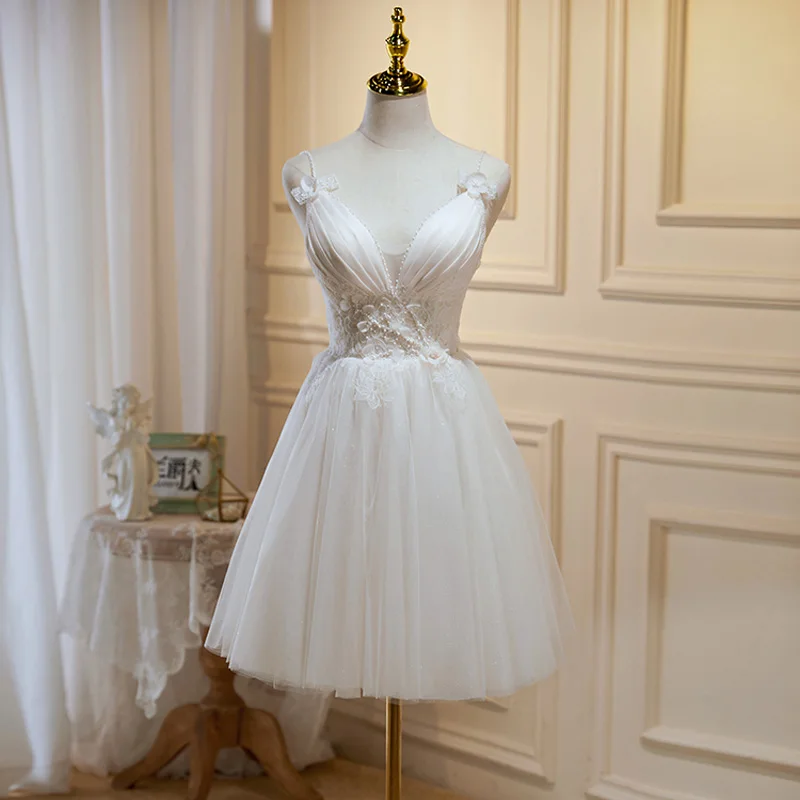 

Evening Dress Sequins Appliques Elegant Knee Length Deep V-Neck Pleat A-Line Backless Tulle Plus Size Women party Dresses B2474